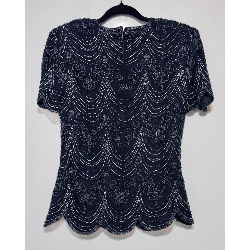Papell Boutique Vintage Glam Hand Beaded Silk Evening Top Women's Small Art Deco